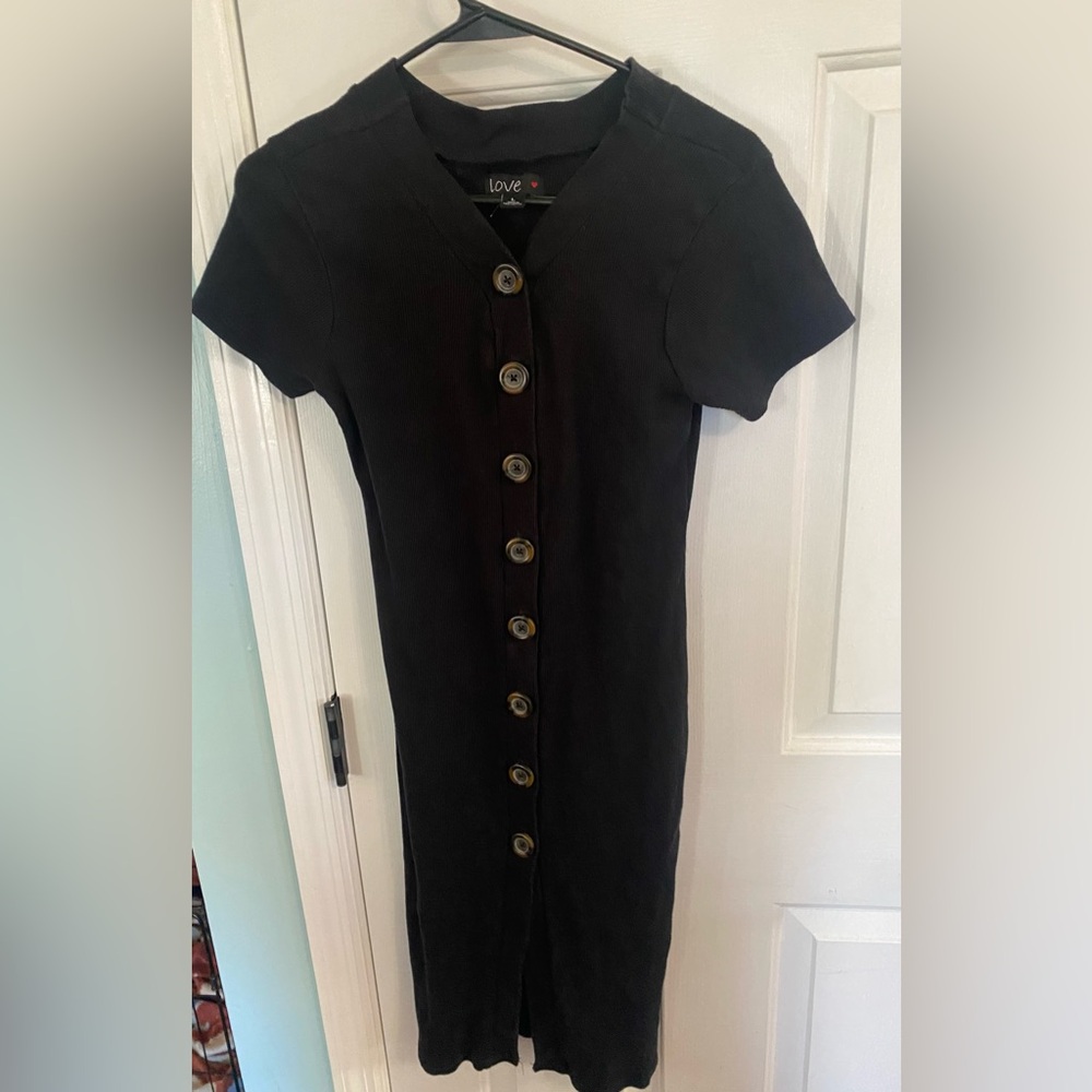Love Black Button-Front Short Sleeve Mini Dress